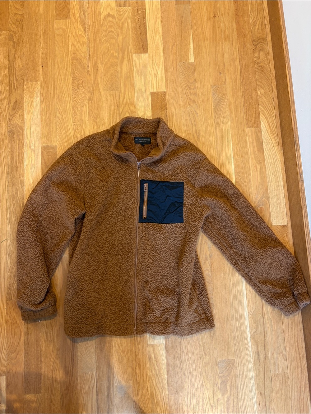 No Boundaries Brown Sherpa Zip-Up Sweater with Black Chest Pocket